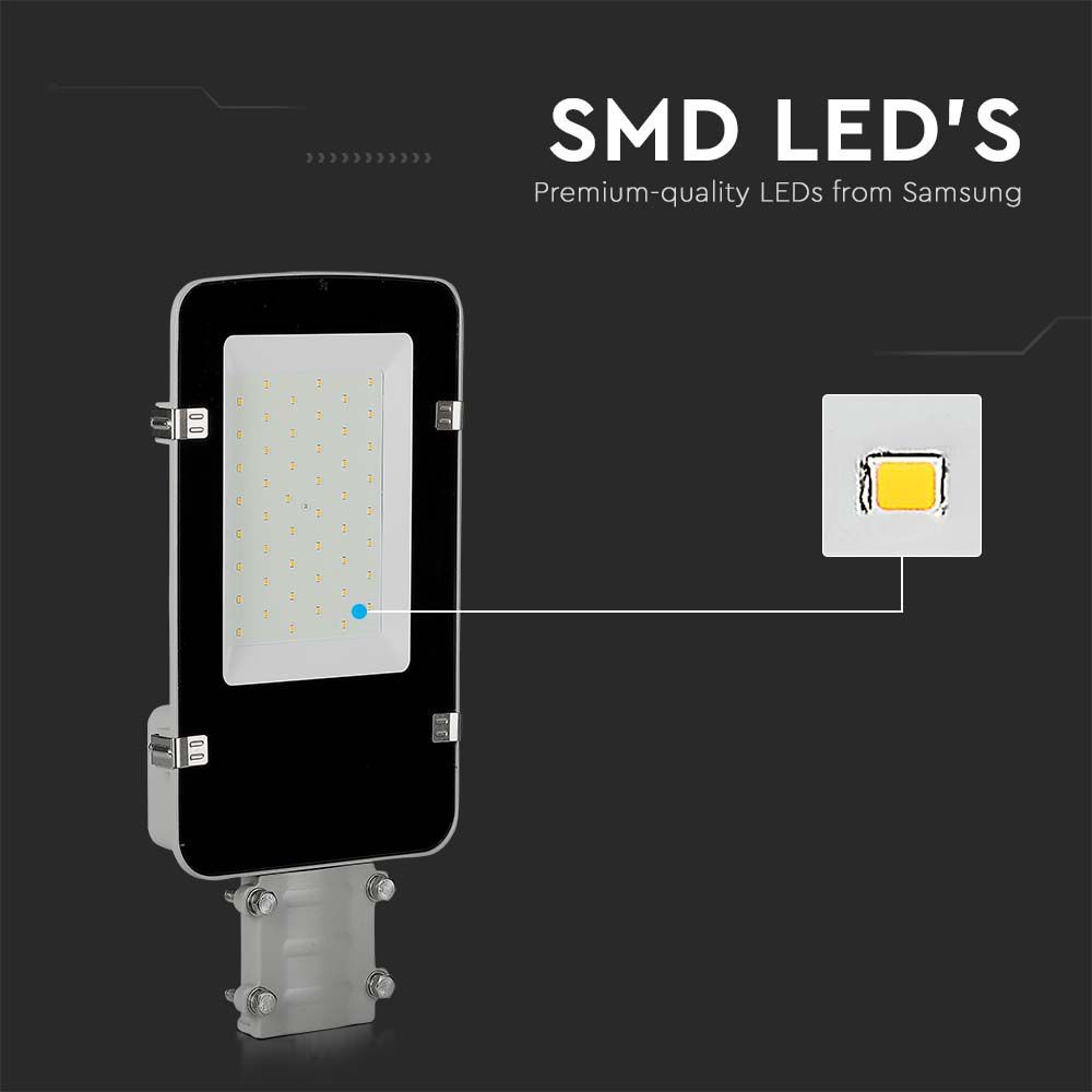 50W LED Gadelygte med Samsung chip, 4000K, Grå hus - 5750lm, RA80, IP65 - 5 års garanti