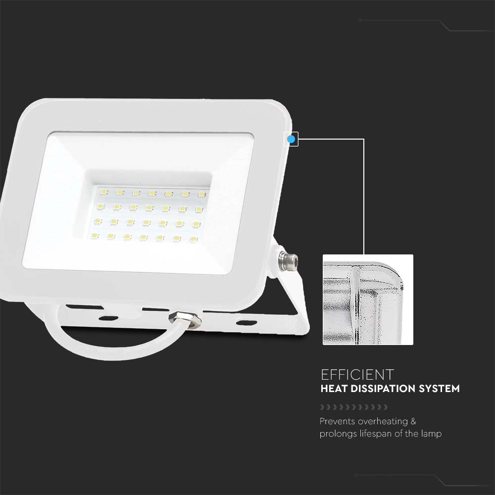 30W LED Projektør med Samsung chip, 6500K, hvidt hus og hvidt glas - Kraftig belysning til udendørs brug