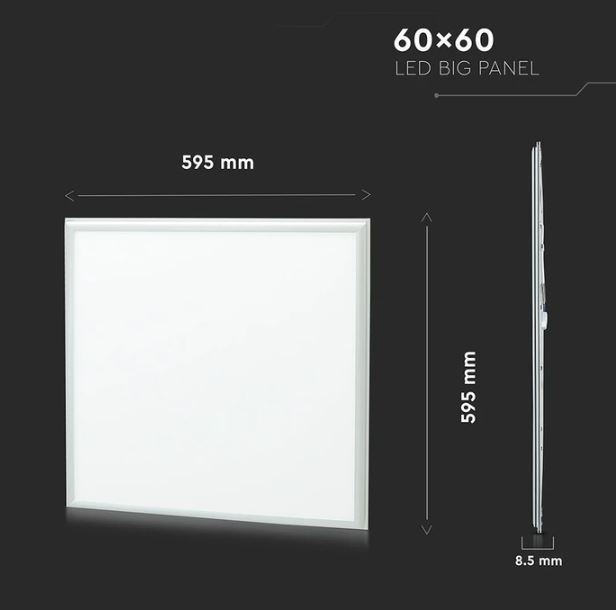V-Tac 60x60 LED panel - 36W, 3820lm, 105lm/w, hvid kant