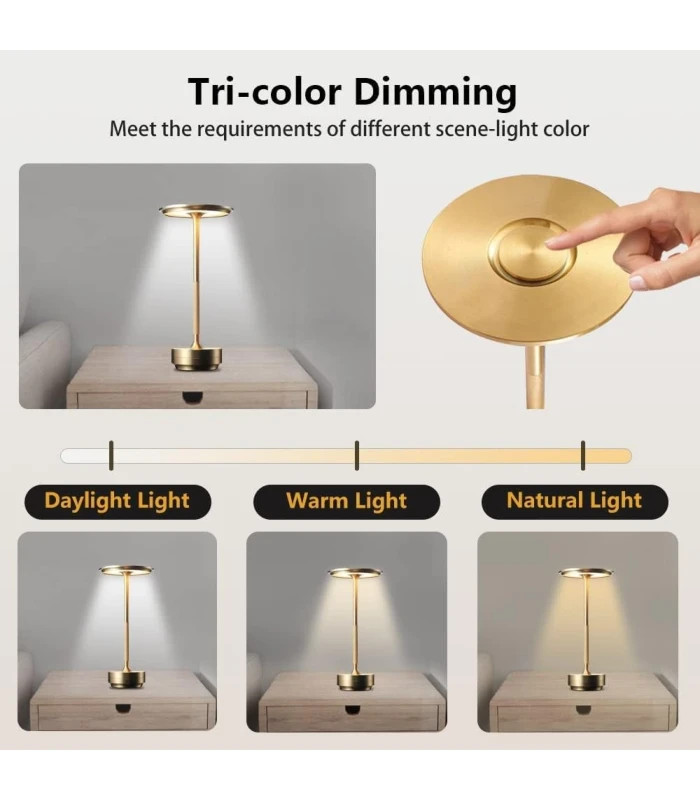 Opladelig LED bordlampe,  Guld, touch dæmpbar