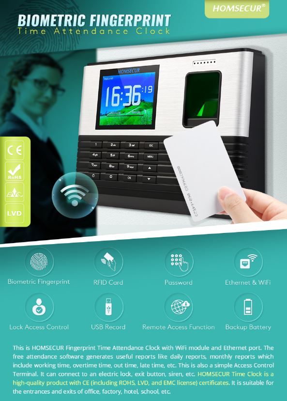 Tidsregistreringssystem m. fingeraftrykslæser, kode og RFID