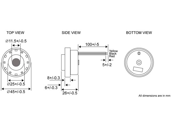 Summer - 1,5 til 13Vdc / 20-30mA, 105dB, 3 ledninger