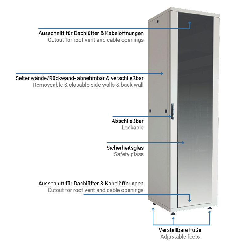 19" netværk rackskab - 16U B600xD600mm, glaslåge, Sort (ECO)
