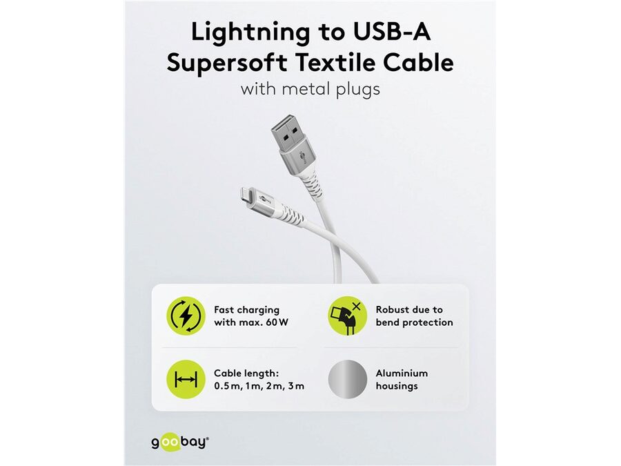 USB-A til Lightning Supersoft PD Tekstilkabel 3A, Hvid (0,5m