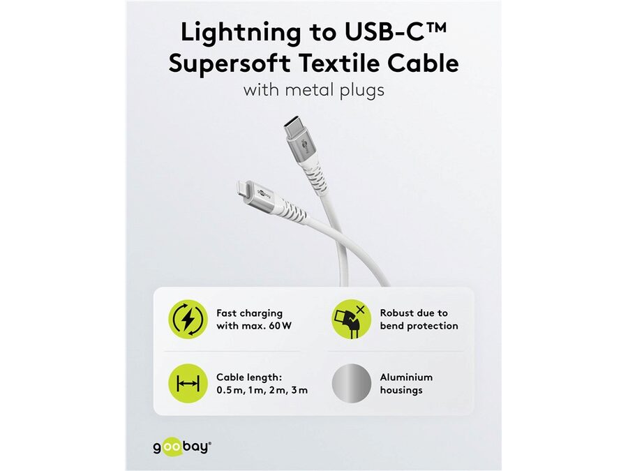 USB-C til Lightning Supersoft PD Tekstilkab. 3A, Hvid (0,5m)