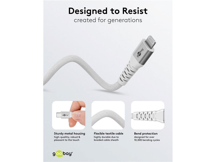USB-C til Lightning Supersoft PD Tekstilkab. 3A, Hvid (0,5m)