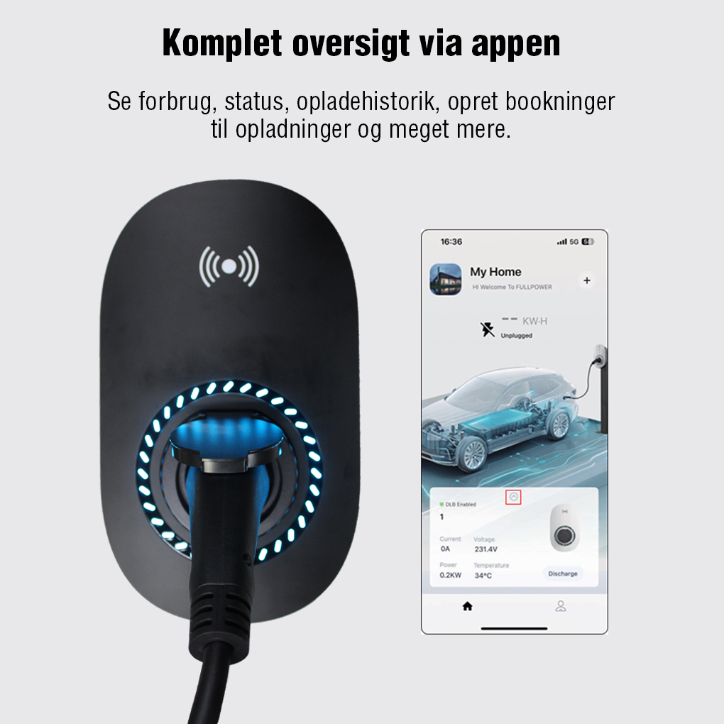 Fullwatt Wallbox EV Lader - 11kW Type 2, WiFi/BT, Hvid