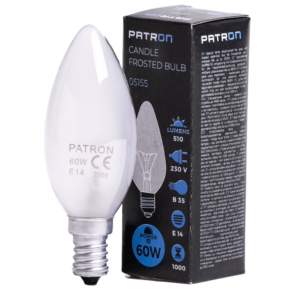 PATRON Glødepære E14 60W Kerte Mat