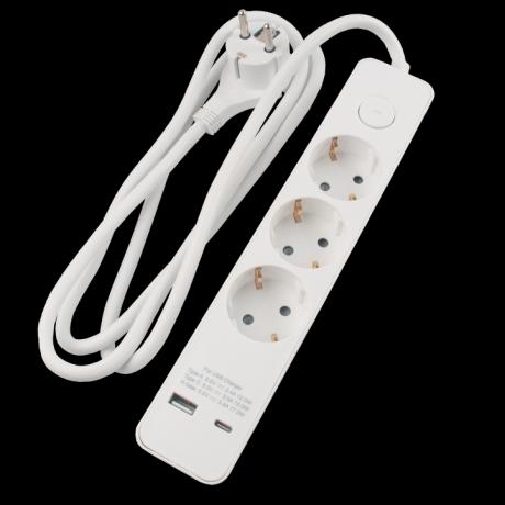 3 Stikdåse m/1,5m ledn. m/afbr + USB-A/USB-C hvid