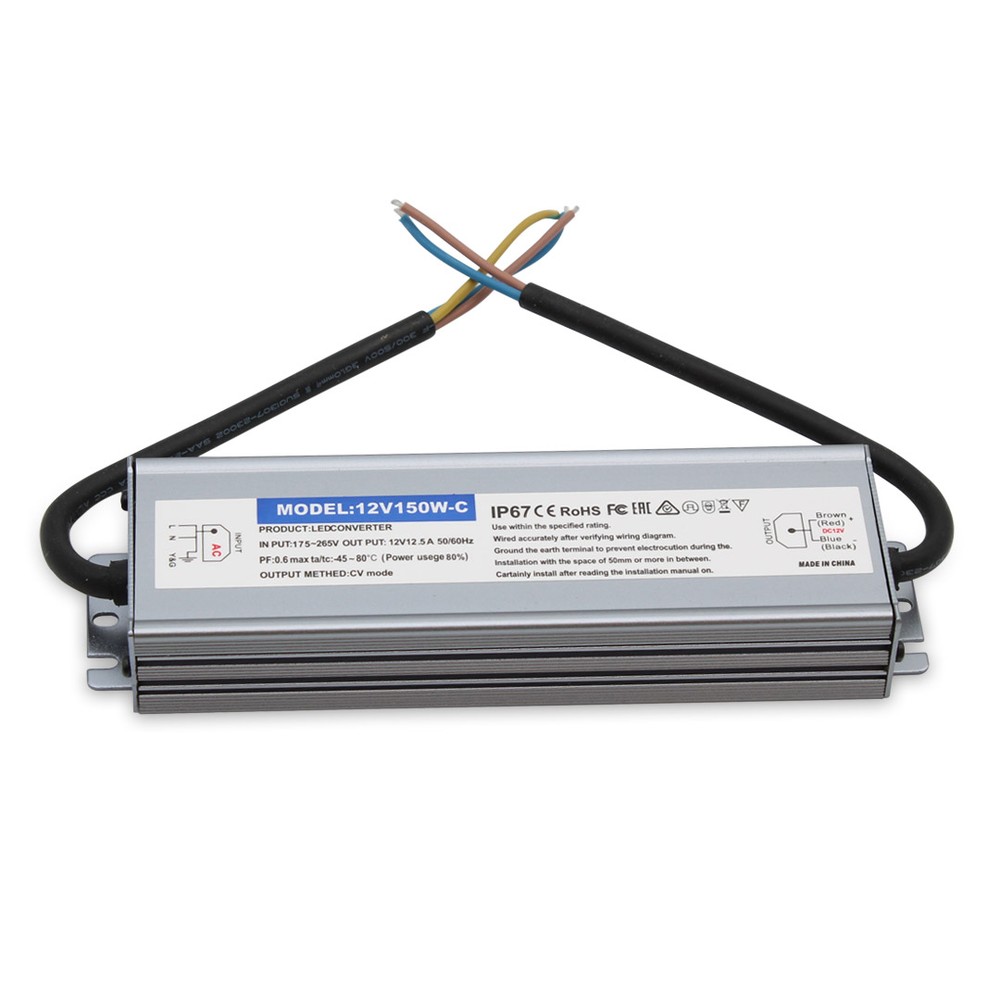Vandtæt 150W strømforsyning - 12V DC, 12,5A - IP67