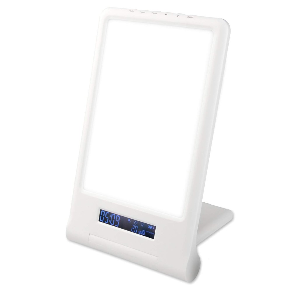 LED lysterapi lampe med timer/alarm - 18W, hvid/blå, 10.000 LUX, indbygget batteri (flicker free)
