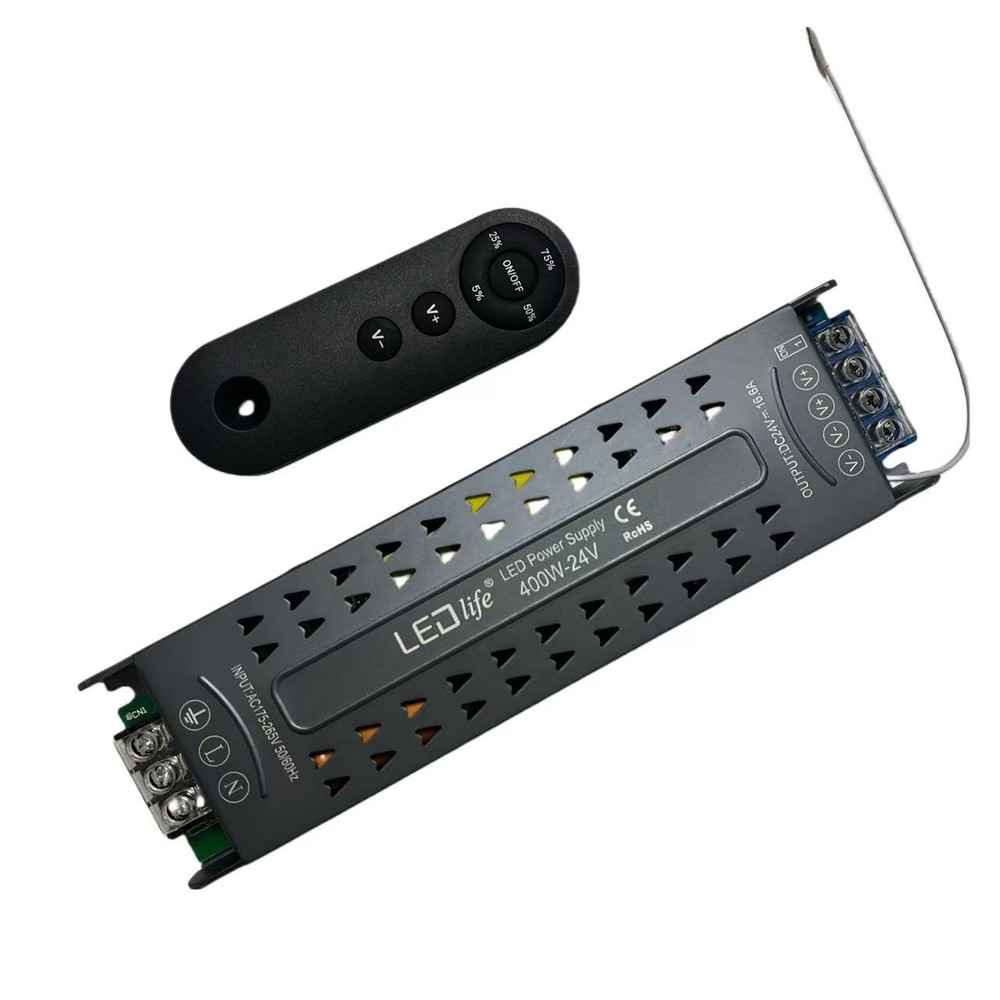 LEDlife 400W dæmpbar strømforsyning med fjernbetjening - IP20 indendørs, 24V DC, 16.6A, 230V input/24V output
