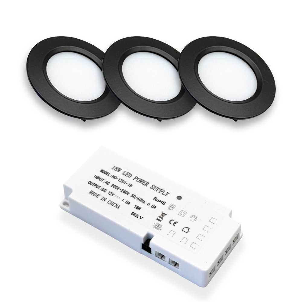 LEDlife Reco68 møbelspot - Sort, inkl. strømforsyning (3 stk.), 2,5W, 12V, 180lm, RA80