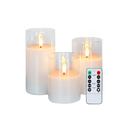 LED Bloklys sæt i glas med flammeeffekt, 3 stk - Inkl. fjernbetjening og timer, højde 10/12,5/15cm, ægte stearin
