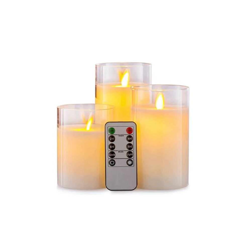 LED Bloklys sæt i glas med vippende flamme, 3 stk - Timer og fjernbetjening inkluderet - Ægte stearin - 10/12,5/15cm