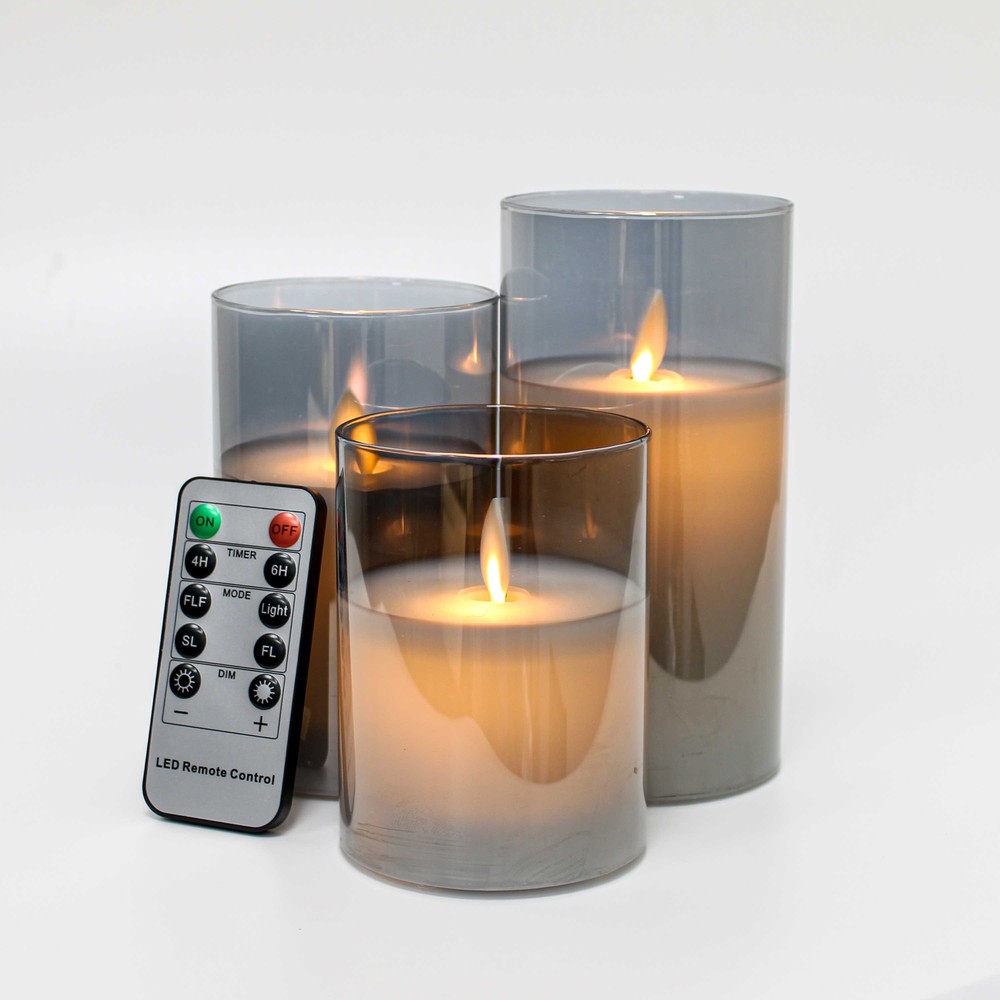 LED Bloklys i røgfarvet glas Ø7,5cm, 3 stk, flammeeffekt - m. fjernbetjening & timer, højde 10/12,5/15cm, ægte stearin