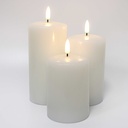 LED Bloklys med flammeeffekt, hvid - 3 stk, inkl. fjernbetjening og timer, 10/12,5/15cm høj, Ø7,5cm, ægte stearin