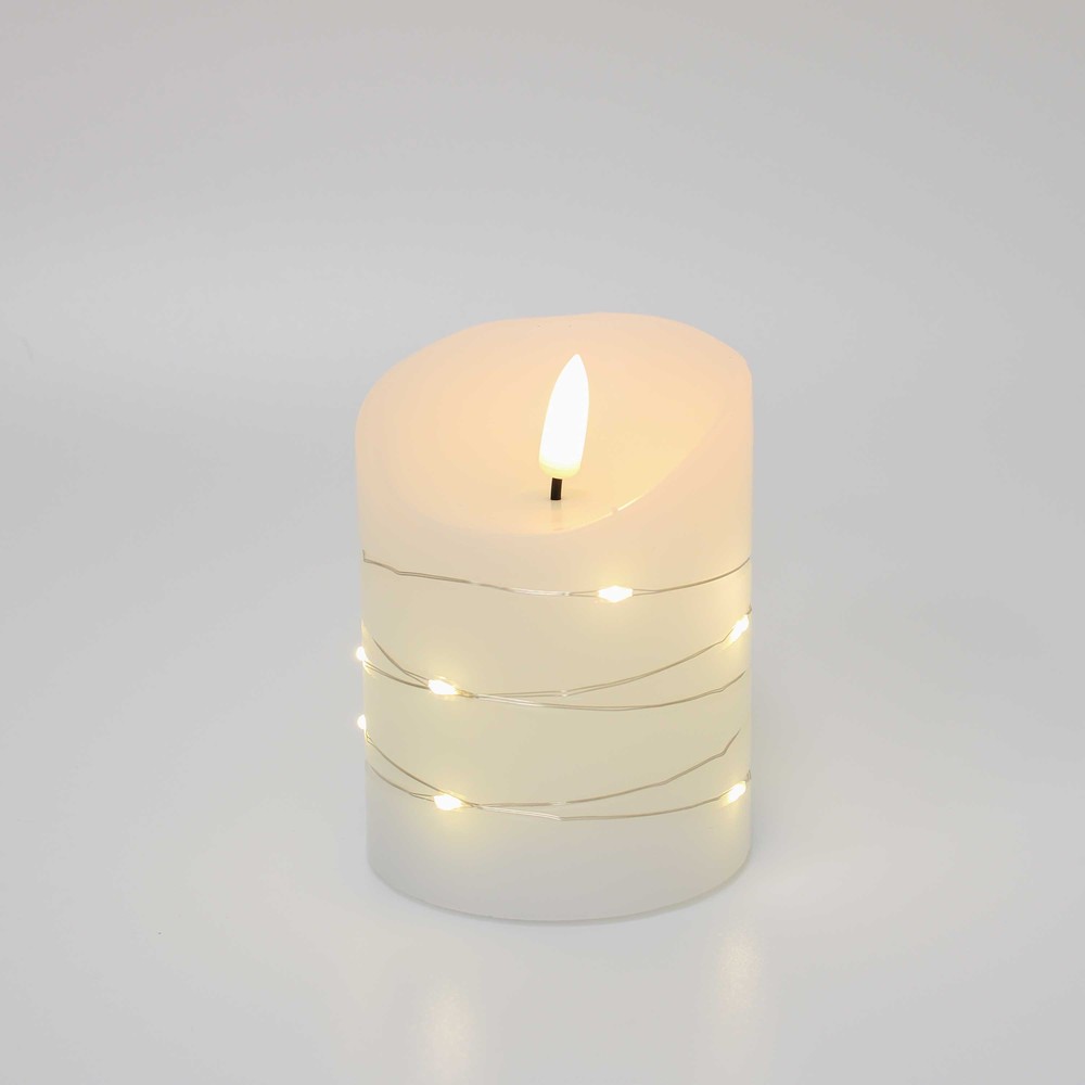 LED Bloklys med lyskæde, flammeeffekt, 10cm høj, inkl. fjernbetjening - Ø7,5cm, ægte stearin