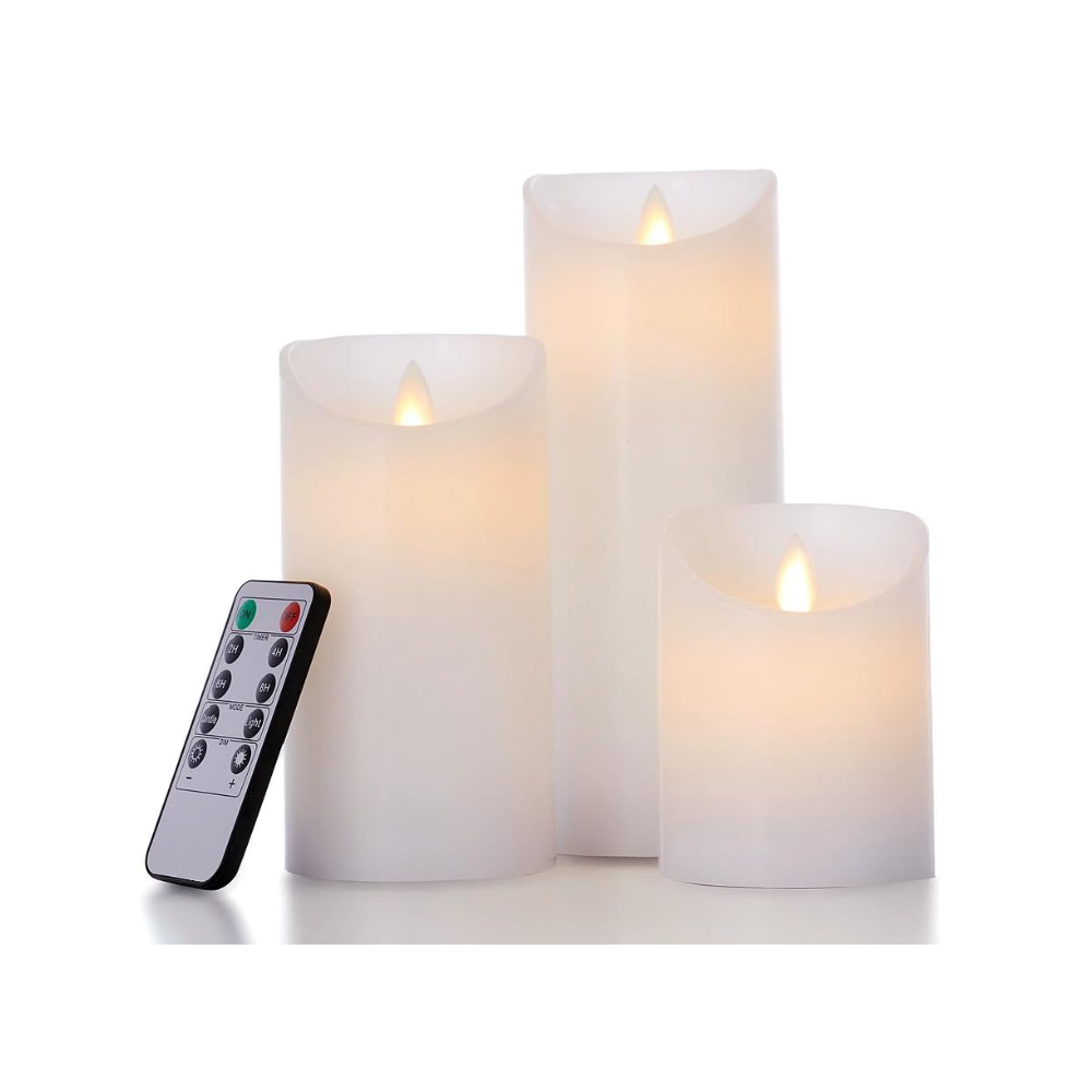 LED Bloklys med bevægelig flamme, hvid, 3 stk, Ø7,5cm, inkl. fjernbetjening og timer, 10/15/20cm høj, ægte stearin