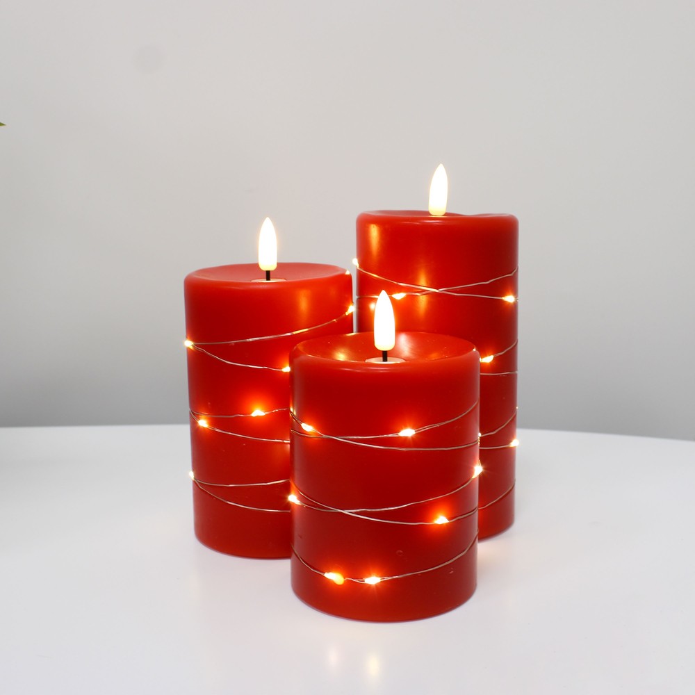 LED Bloklys sæt med flammeeffekt og lyskæde, Rød, Ø7,5cm, 10/12,5/15cm, fjernbetjening, timer, ægte stearin
