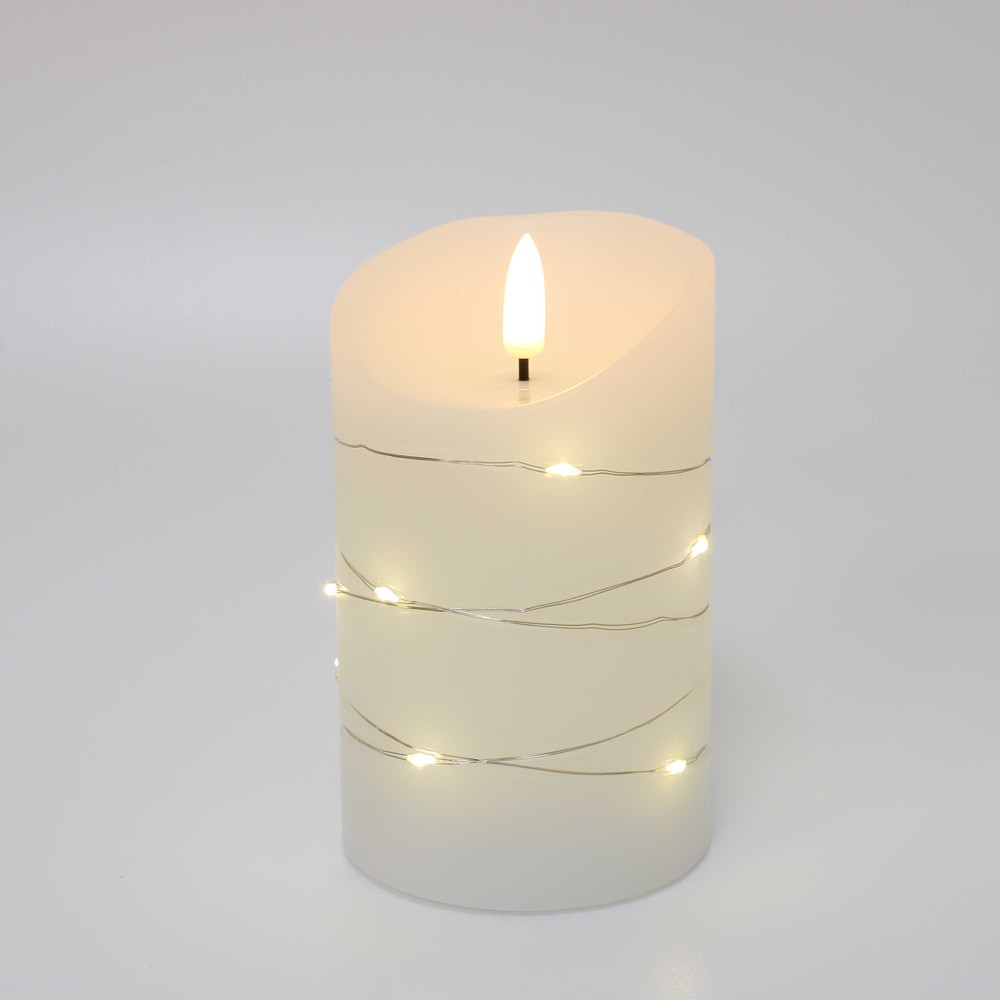 LED Bloklys med lyskæde, 12,5cm høj, flammeeffekt - Ø7,5cm, inkl. fjernbetjening, ægte stearin