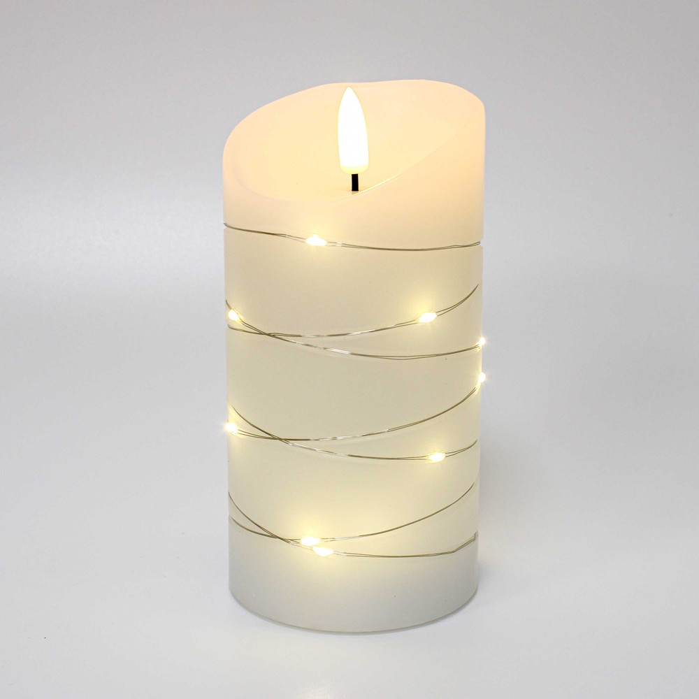 LED Bloklys med lyskæde og flammeeffekt, 15cm høj, inkl. fjernbetjening, ægte stearin, Ø7,5cm