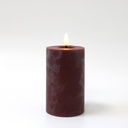 LED Bloklys med smelte-look og flammeeffekt, bordeauxrød, 12,5cm høj, Ø7,5cm, fjernbetjening, virker med ægte stearin
