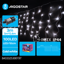 5m kold hvid LED lyskæde med 100 LED, IP44, 8 lysspil, transparent ledning