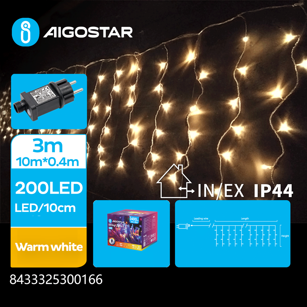 LED lyskæde med varm hvidt lys - 200 LED, 10x0,4m, 50 rækker, 8 lysspil, IP44, transparent ledning, 3,6W, 230V, 3 års garanti