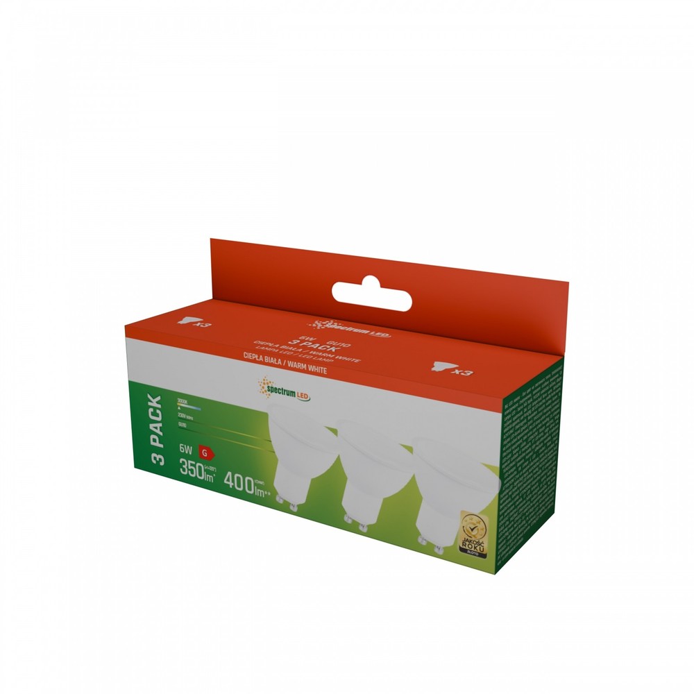 LED GU10 6W - 230V, varm hvid, mælket dækstel, hvid plast, Spectrum, 3-pak - 400lm - RA80