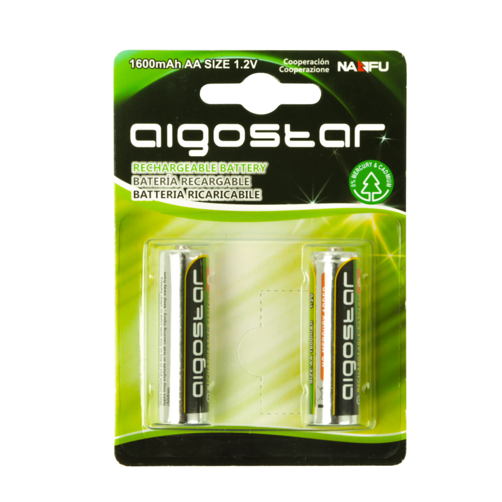 Genopladeligt AA-batteri med 1600mAh kapacitet og 1.2V spænding, inkluderer 3 års producentgaranti