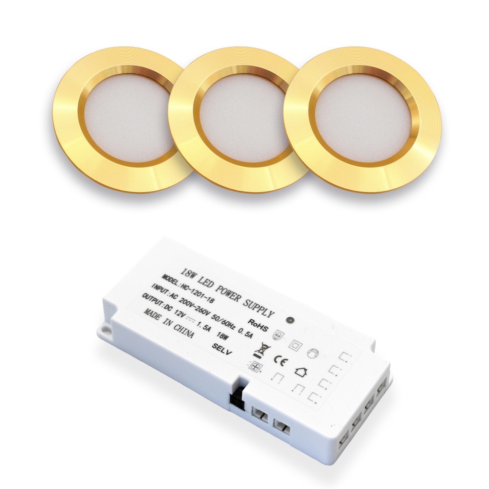 LEDlife Reco68 Møbelspot Guld - 3 stk. med strømforsyning, 2,7W LED, 220lm, RA92, erstatter 20W, 12V input