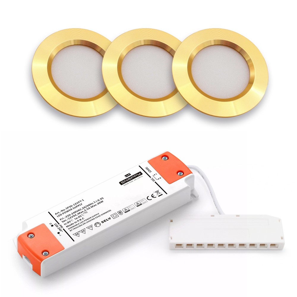 LEDlife Reco68 møbelspot i guld med dæmpbar strømforsyning - 3 stk. (2,7W LED, 220lm, RA92, 12V)