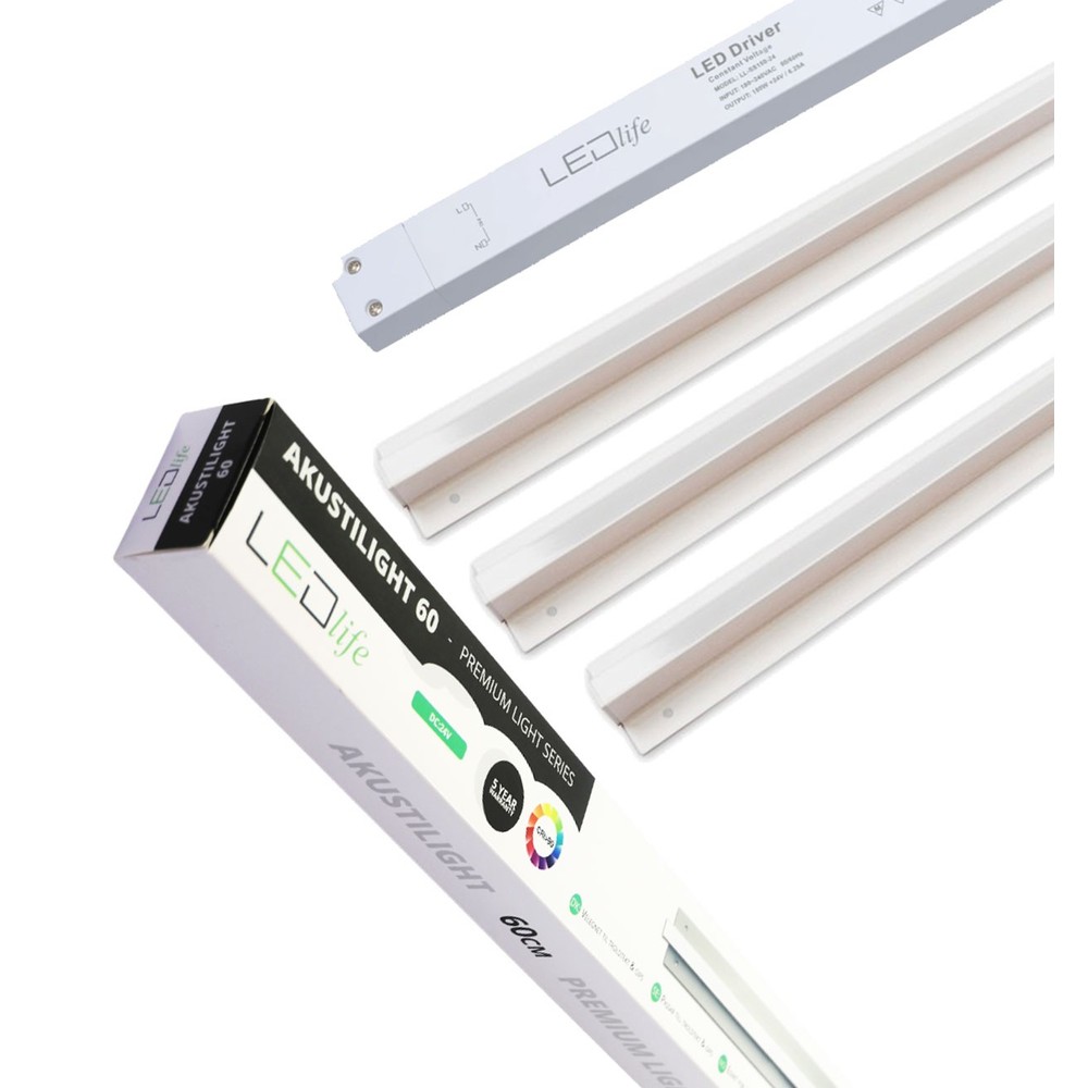 Troldtekt LED dæmpbar skinnesæt 3x60 cm - Planforsænket, Fjernbetjening, Akustilight