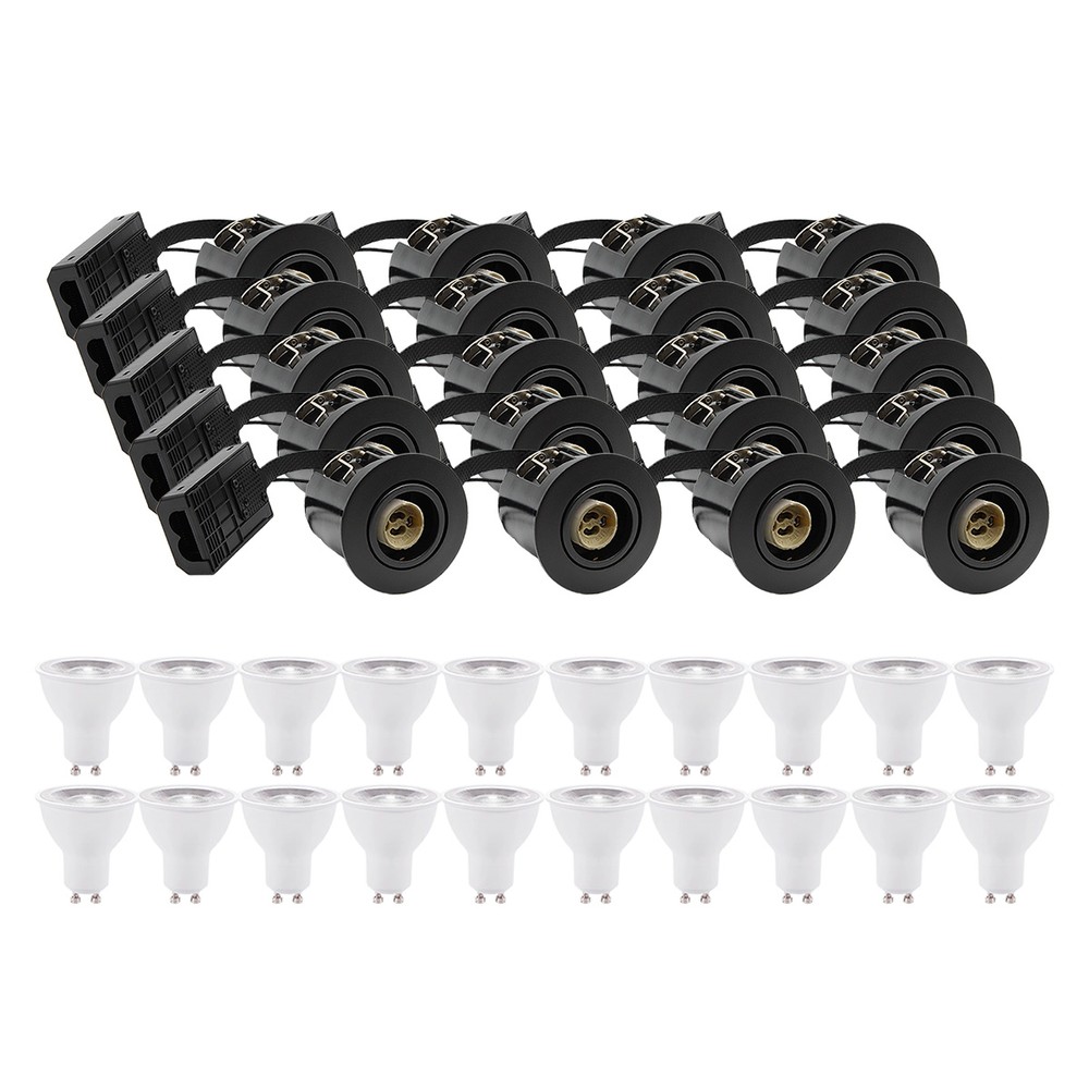 20 stk. sort Inno88 indbygningspotter med 6W RA97 GU10 pærer og IP44 godkendelse til isolering, 230V input