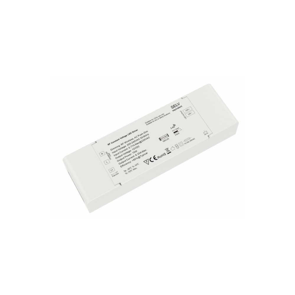 LEDlife rWave 75W Dæmpbar Strømforsyning - 12V DC, 6,25A, RF, Push-dæmp, Effekt: 75W, Input: 230V, Output: 12V