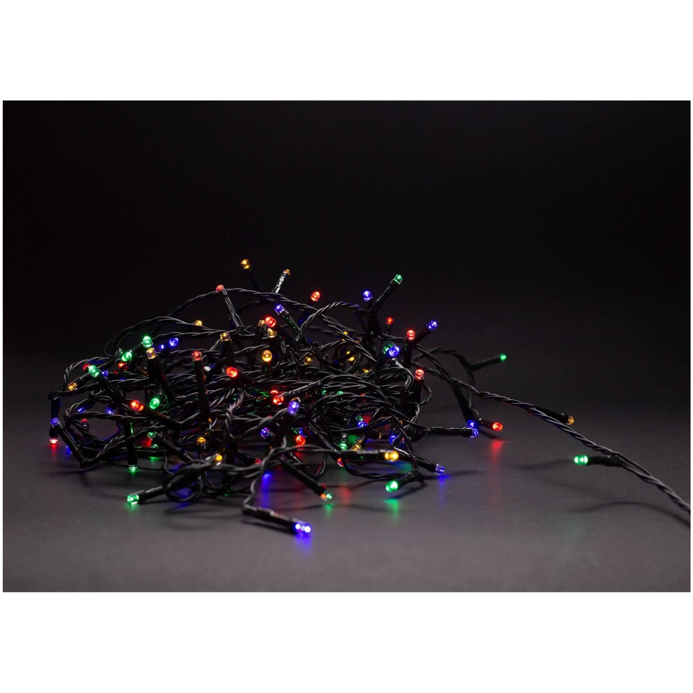 5 meter multicolor LED julelyskæde - 50 LED, IP44 udendørs, IR fjernbetjening, timer, batteridrevet.
