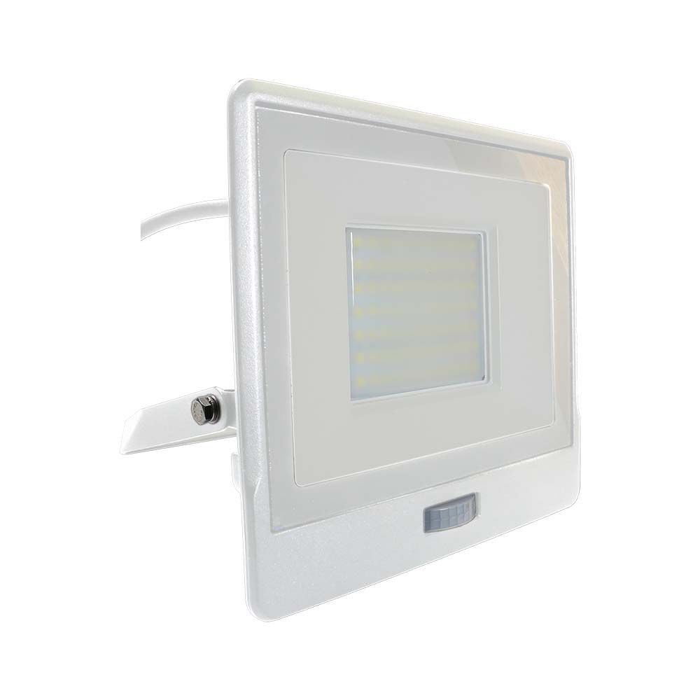 50W LED projektør med PIR sensor, Samsung Chip, 1m kabel, 4000K, hvidt hus - Energibesparende belysning til udendørs områder