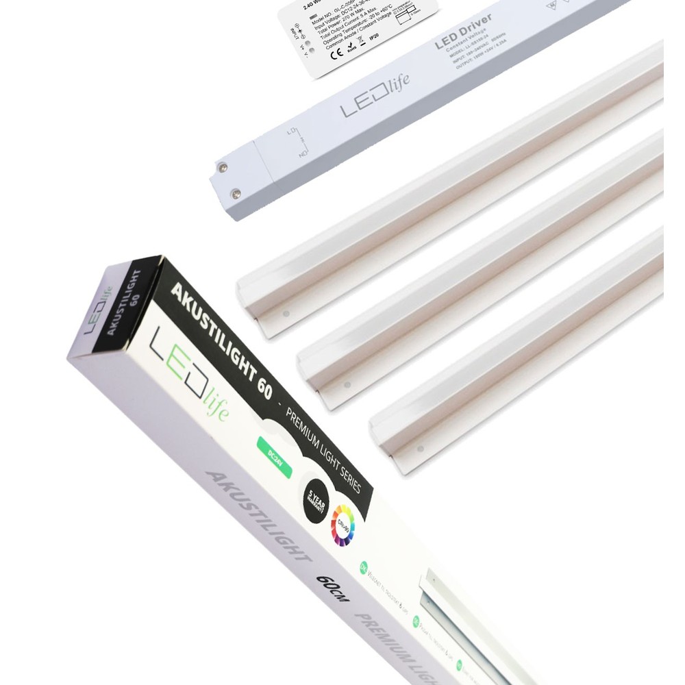 Troldtekt LED Zigbee Skinnesæt 3x60 cm - CCT, Planforsænket, Akustilight inkl. ledninger og driver