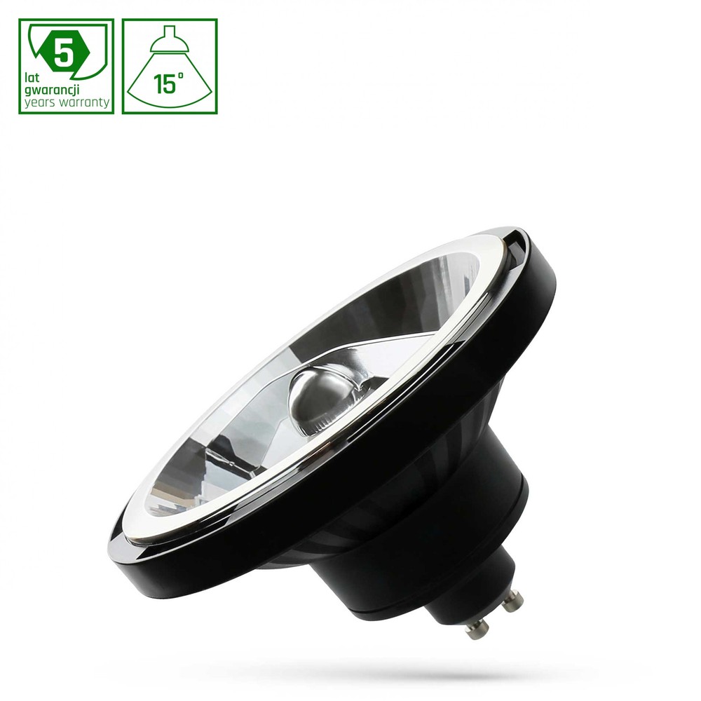 LED AR111 GU10 230V 12W COB 15° SORT Spektrum - Høj kvalitet, 12W LED-pære med GU10 fatning og sort spektrum. Leverer 1050lm lysstyrke og har en farvegengivelsesindex (RA) på 80. Perfekt til både privat og kommerciel brug.