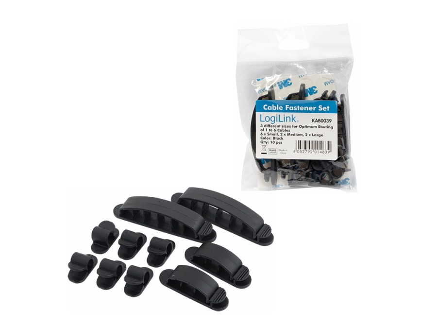 Kabelclips m. genluk sortiment - Sort (10 dele)