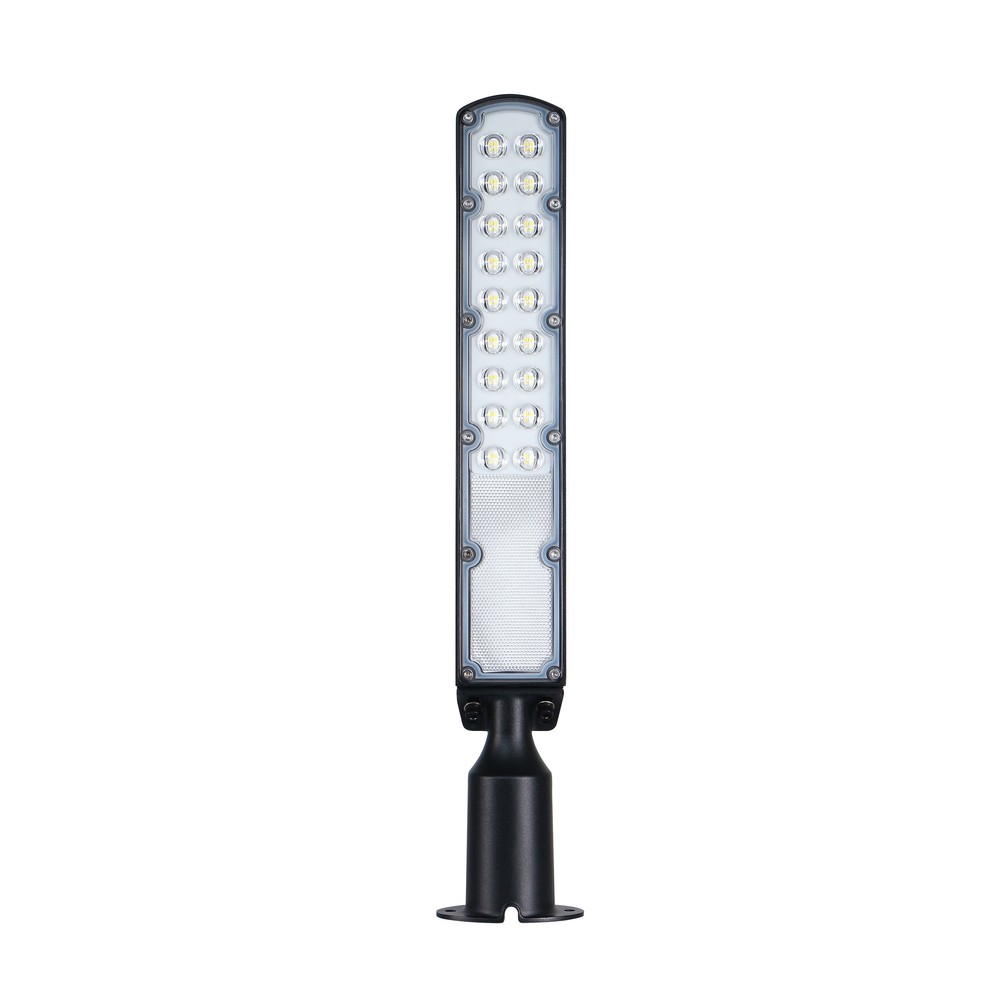Slim 30W LED gadelampe - Neutral hvid, 230V, 140/85°, IP65, 423x109x76mm, sort, Skumringssensor.