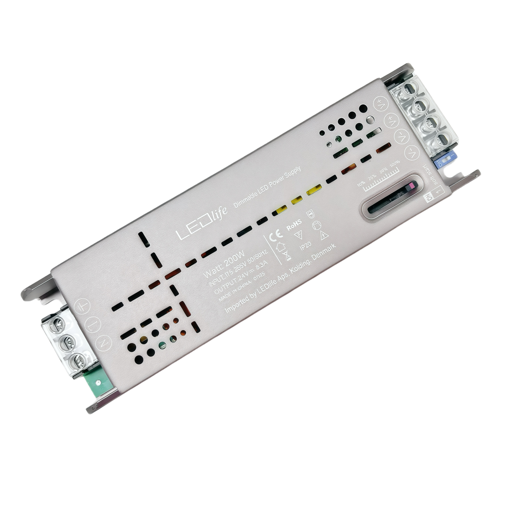 Dæmpbar 24V 200W strømforsyning til slide med flicker free teknologi