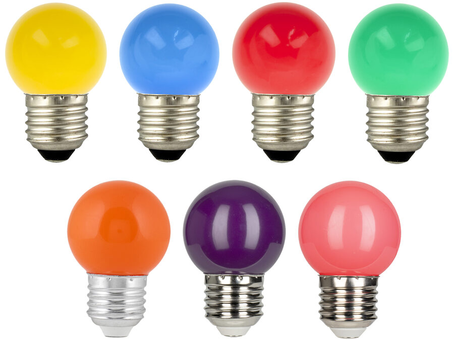 G45 LED kronepære sæt - 240V / 1W E27, ass. farver (7 stk.)