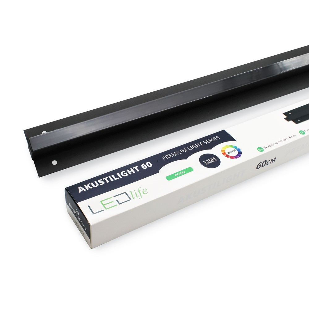 LED Sort Troldtekt Skinne 60 cm - 30W, Akustilight, Planforsænket, 24V