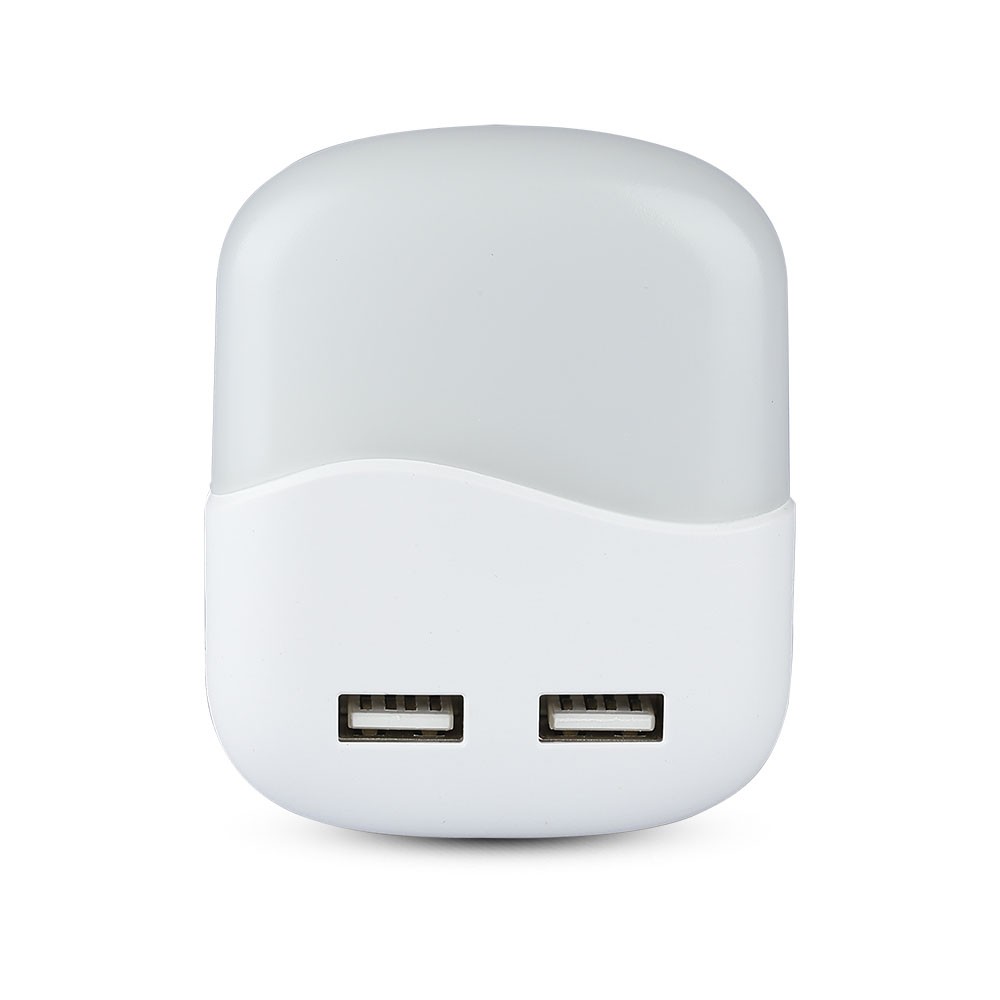 0,45W Natlys LED (EU stik) med USB Samsung chip 3000K - firkantet - Energibesparende natbelysning med USB og Samsung chip i varmt hvidt lys - firkantet design