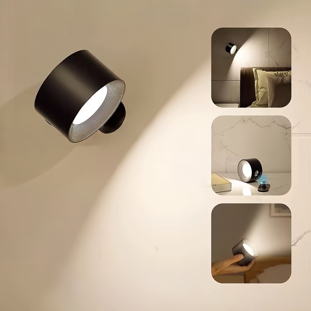 Genopladelig væglampe CCT 4,5W Sort Rund 360° roterbar IP20 inkl. lyskilde 5V DC USB 450lm RA80