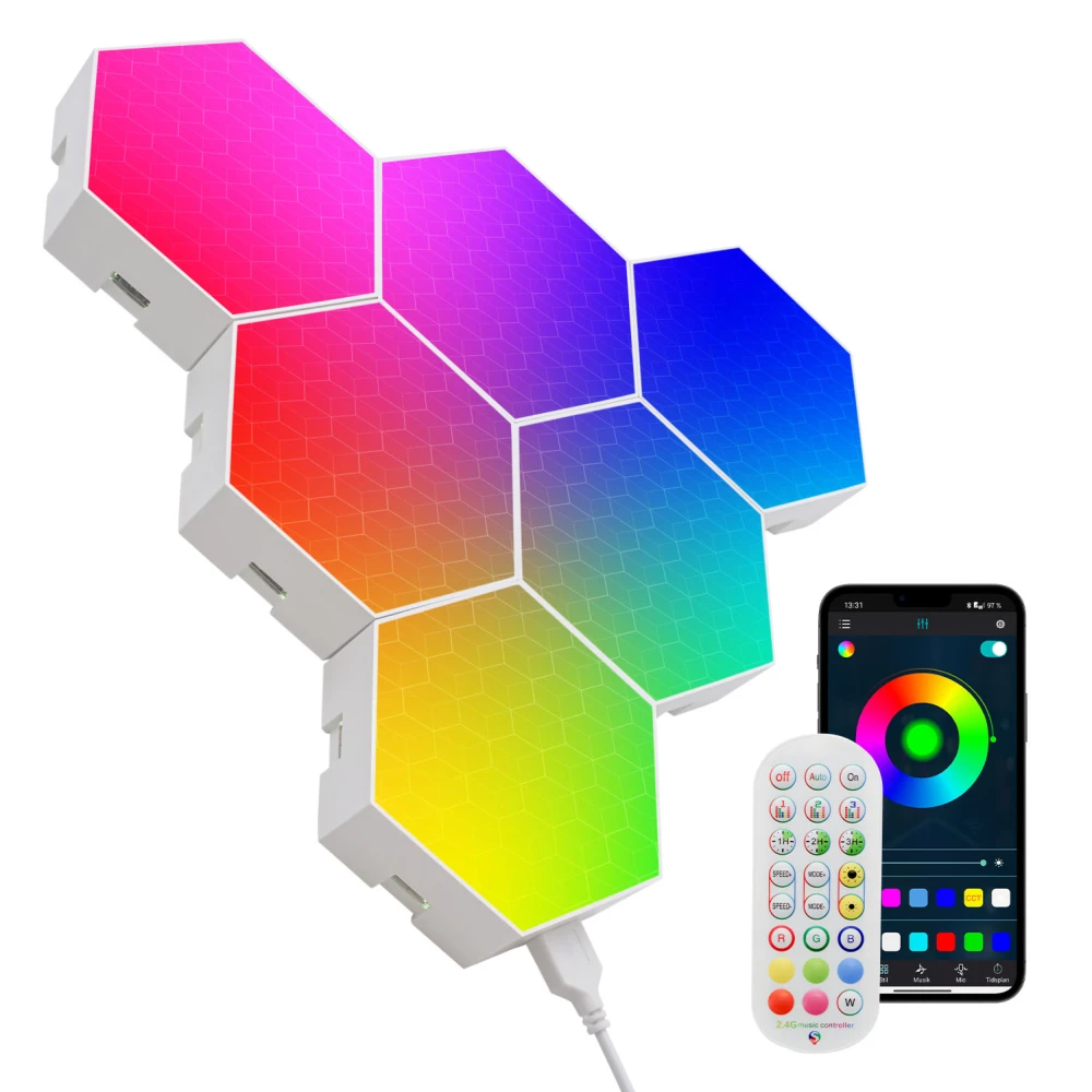 RGBIC Hexagon Væglys - Sæt med 6 stk. - 6W - Input: 5V - Moderne belysning til dit hjem