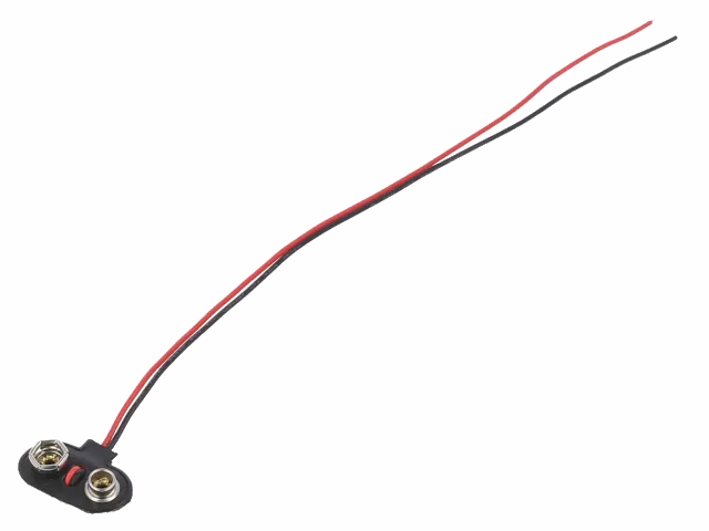 Battericlips til 9V E-blok batteri - T type, blød (20cm)