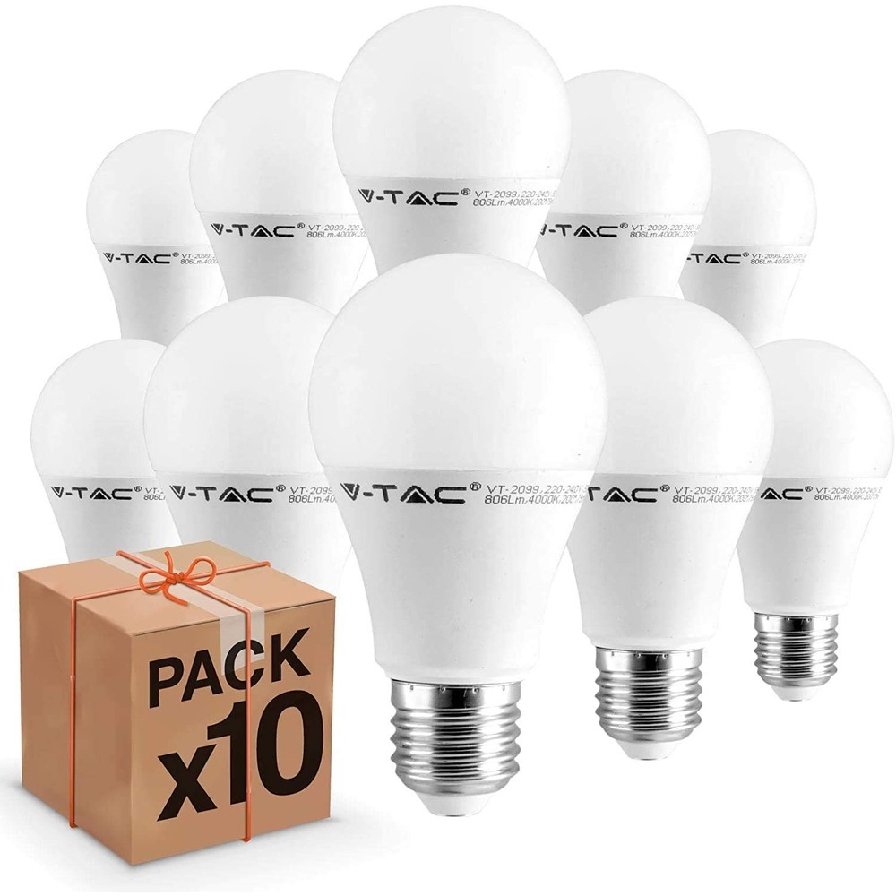 10 stk V-Tac 9W LED pærer - 200 grader, E27, erstatter 60W